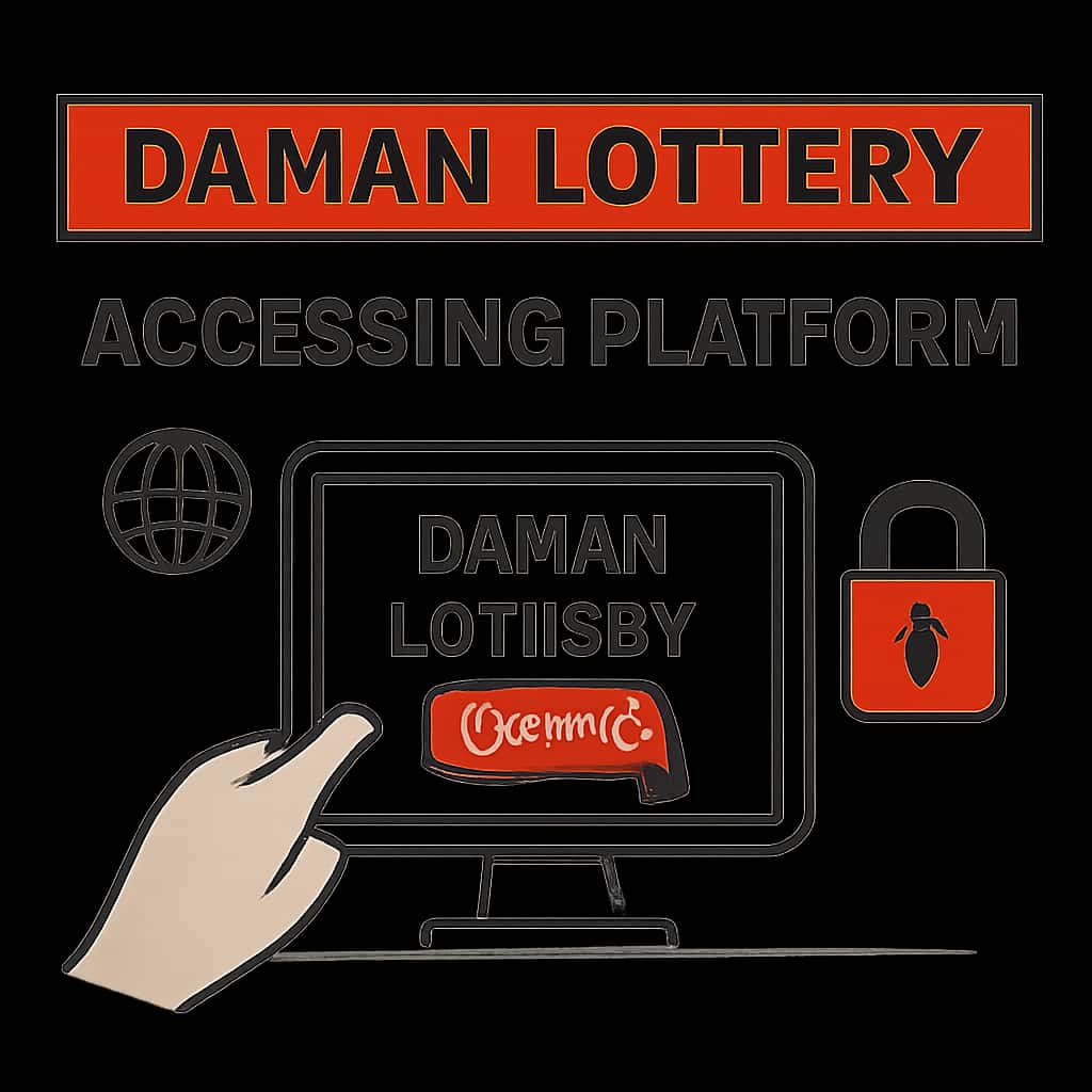 Illustration detailing the steps for accessing the Daman Lottery platform.