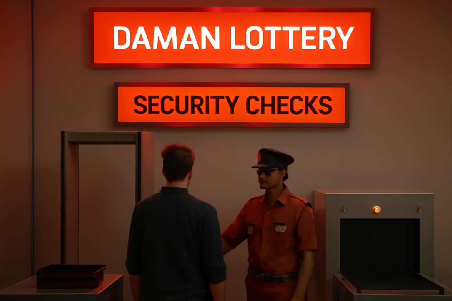 An informative scene showcasing Daman Lottery Security Checks in a high-tech environment.