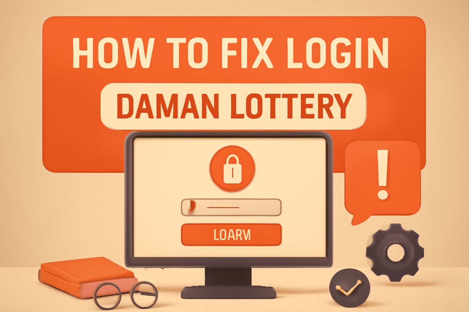 An informative scene illustrating login troubleshooting for the Daman Lottery platform.