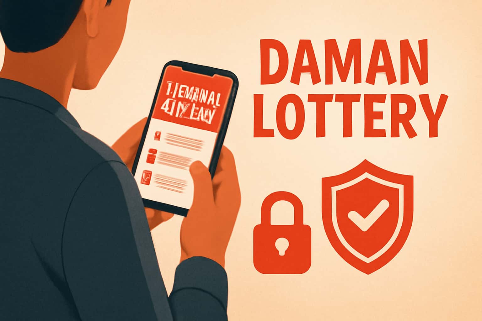 Informational scene illustrating safety tips for using the Daman Lottery app.